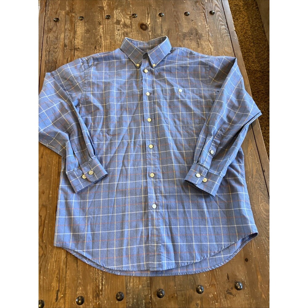 Orvis Men’s Country Twill Blue Checkered Plaid Long Sleeve Button-Up Sz L EUC